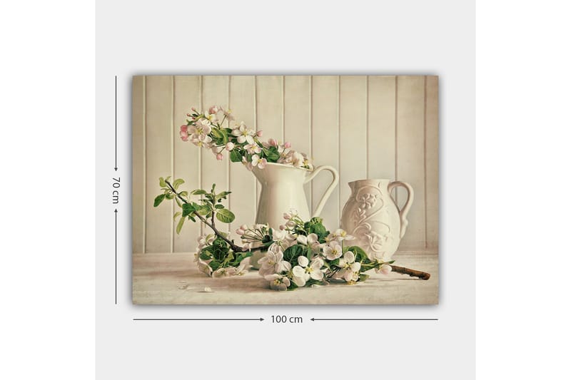 Lerretsbilde 70x100 cm - Blomsteroppsats med hvite mugger og grener i en rolig komposisjon - Hvit / Lys rosa / Grønn - Innredning - Bilder & kunst - Lerretsbilder