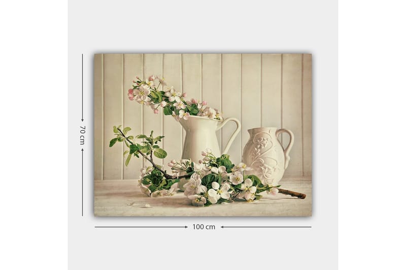 Lerretsbilde 70x100 cm - Blomsteroppsats med hvite mugger og grener i en rolig komposisjon - Hvit / Lys rosa / Grønn - Innredning - Bilder & kunst - Lerretsbilder