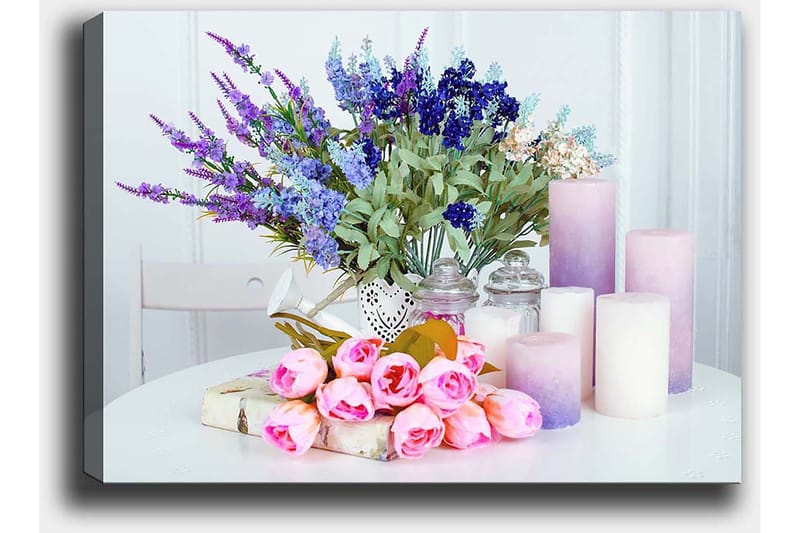 Lerretsbilde 70x100 cm - Blomsteroppsats med rosa roser og lilla blomster i en hvit vase - Rosa / Lilla / Grønn - Innredning - Bilder & kunst - Lerretsbilder