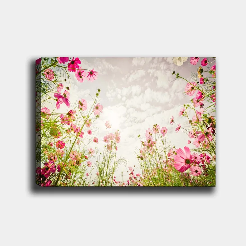Lerretsbilde 70x100 cm - Blomstrende eng med rosa blomster som strekker seg mot en lys himmel, Rosa / Grønn