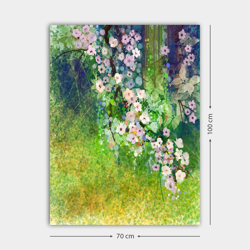 Lerretsbilde 70x100 cm - Blomstrende grener med rosa og hvite blomster i et frodig miljø - Rosa / Grønn / Hvit - Innredning - Bilder & kunst - Lerretsbilder