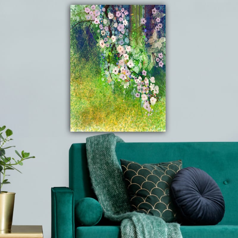 Lerretsbilde 70x100 cm - Blomstrende grener med rosa og hvite blomster i et frodig miljø - Rosa / Grønn / Hvit - Innredning - Bilder & kunst - Lerretsbilder