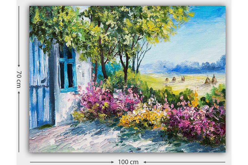 Lerretsbilde 70x100 cm - Blomstrende hage med et hus og frodige trær i bakgrunnen - Grønn / Rosa / Gul - Innredning - Bilder & kunst - Lerretsbilder