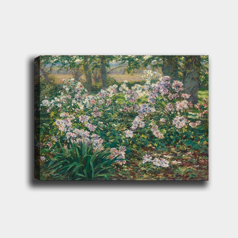 Lerretsbilde 70x100 cm - Blomstrende hage med fargerike blomster i frodige omgivelser, Grønn / Rosa / Hvit