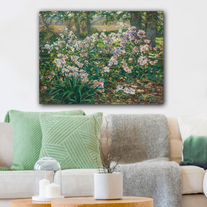 Lerretsbilde 70x100 cm - Blomstrende hage med fargerike blomster i frodige omgivelser - Grønn / Rosa / Hvit - Innredning - Bilder & kunst - Lerretsbilder