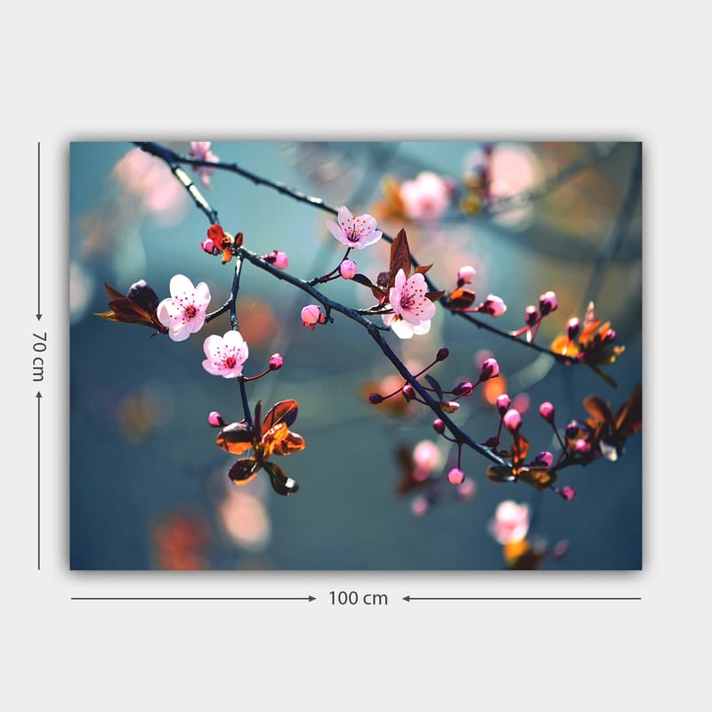 Lerretsbilde 70x100 cm - Blomstrende kirsebærgrener med rosa blomster og brune blader - Rosa / Brun / Grønn - Innredning - Bilder & kunst - Lerretsbilder