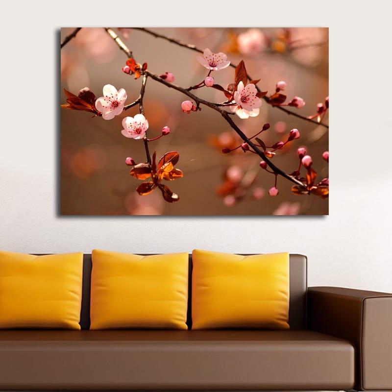 Lerretsbilde 70x100 cm - Blomstrende kirsebærgrener med rosa blomster og brune blader - Rosa / Brun - Innredning - Bilder & kunst - Lerretsbilder
