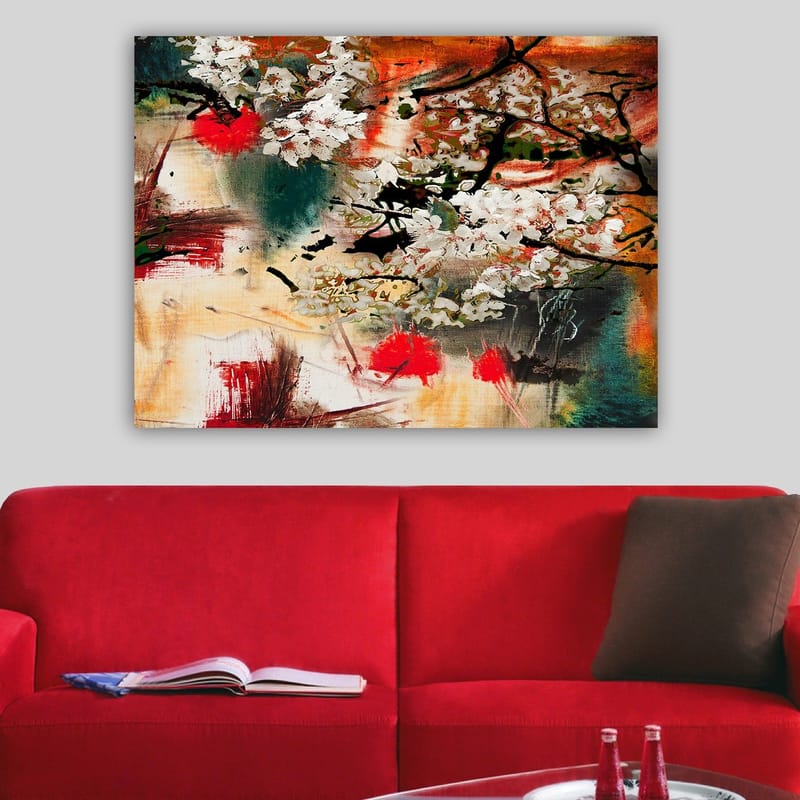 Lerretsbilde 70x100 cm - Blomstrende kirsebærtrær i en abstrakt komposisjon med sterke farger - Hvit / Rød / Oransje - Innredning - Bilder & kunst - Lerretsbilder