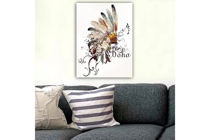 Lerretsbilde 70x100 cm - Bohemsk fjærhodepryd med blomster og dekorative elementer - Beige / Brun / Rosa - Innredning - Bilder & kunst - Lerretsbilder