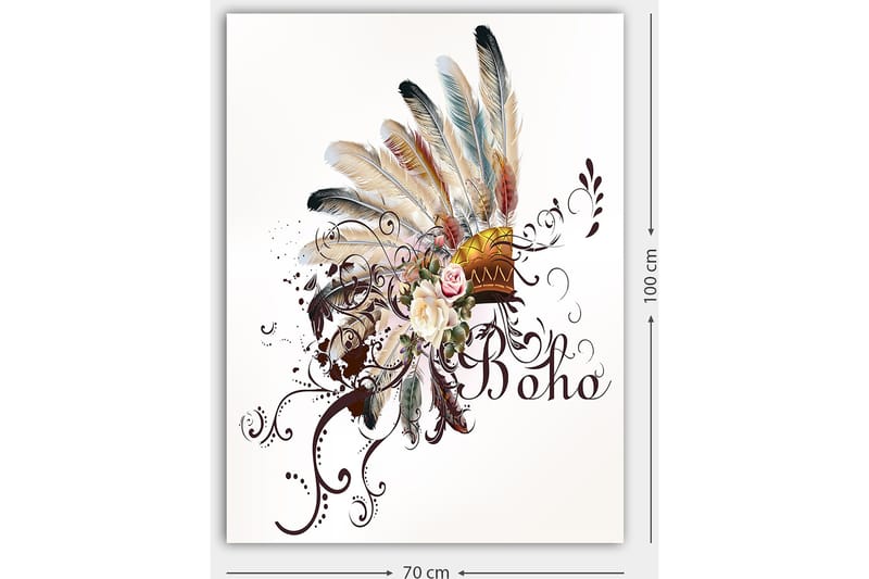 Lerretsbilde 70x100 cm - Bohemsk fjærhodepryd med blomster og dekorative elementer - Beige / Brun / Rosa - Innredning - Bilder & kunst - Lerretsbilder