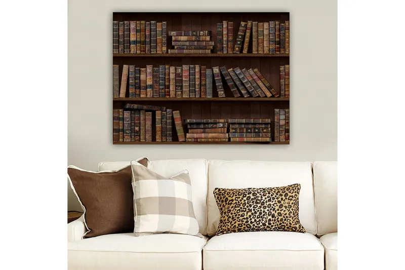 Lerretsbilde 70x100 cm - Bokhylle fylt med gamle bøker i forskjellige størrelser og farger - Mørk brun / Beige / Mørk grønn - Innredning - Bilder & kunst - Lerretsbilder
