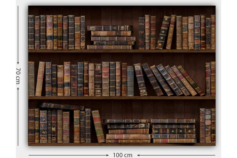 Lerretsbilde 70x100 cm - Bokhylle fylt med gamle bøker i forskjellige størrelser og farger - Mørk brun / Beige / Mørk grønn - Innredning - Bilder & kunst - Lerretsbilder