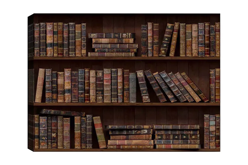 Lerretsbilde 70x100 cm - Bokhylle fylt med gamle bøker i forskjellige størrelser og farger, Mørk brun / Beige / Mørk grønn
