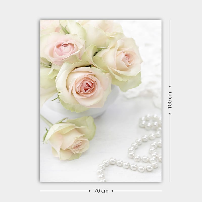 Lerretsbilde 70x100 cm - Bukett med lyserosa roser i en hvit potte - Lys rosa / Grønn / Hvit - Innredning - Bilder & kunst - Lerretsbilder