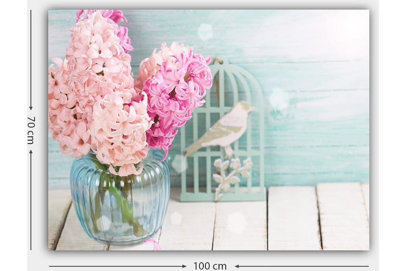 Lerretsbilde 70x100 cm - Bukett med rosa hyasinter i en glassvase - Rosa / Lys blå / Grønn - Innredning - Bilder & kunst - Lerretsbilder