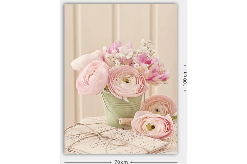 Lerretsbilde 70x100 cm - Bukett med rosa ranunkel i en grønn potte - Rosa / Grønn / Hvit - Innredning - Bilder & kunst - Lerretsbilder