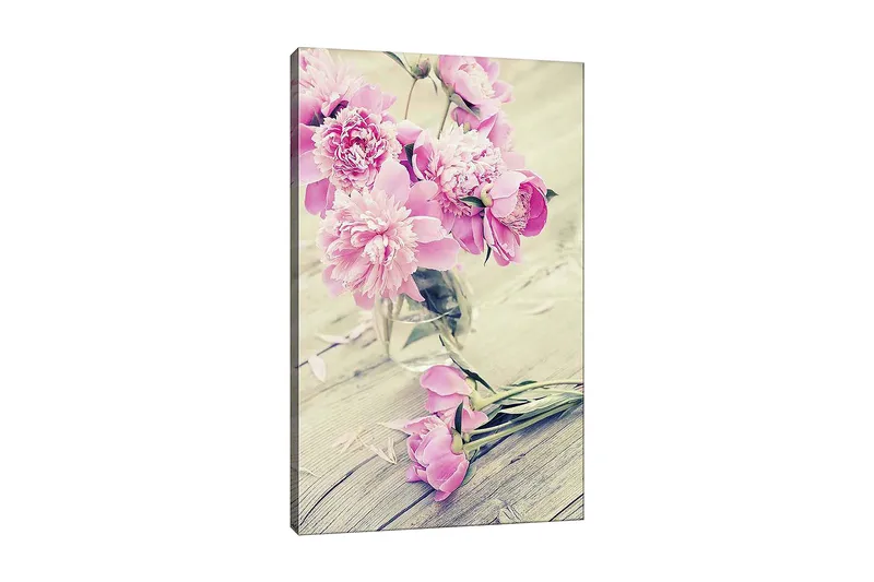 Lerretsbilde 70x100 cm - Bukett med rosa peoner i en glassvase, Rosa / Grønn