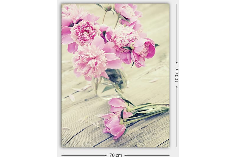 Lerretsbilde 70x100 cm - Bukett med rosa peoner i en glassvase - Rosa / Grønn - Innredning - Bilder & kunst - Lerretsbilder