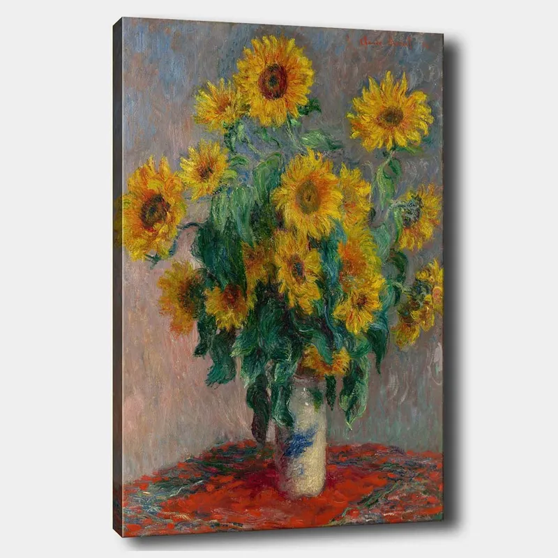 Lerretsbilde 70x100 cm - Bukett med solsikker i vase, Gul / Grønn / Rød