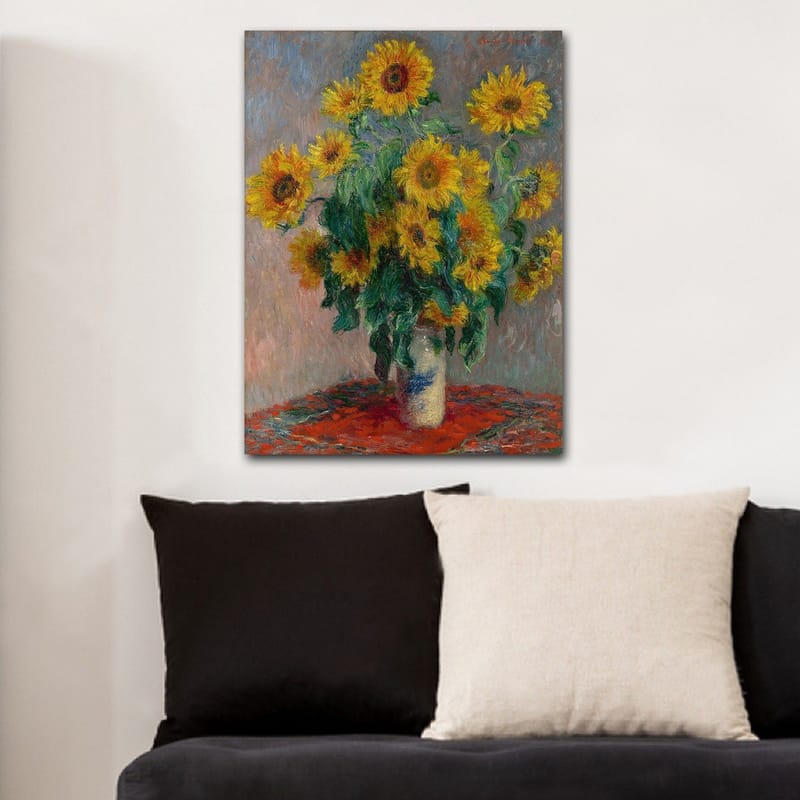 Lerretsbilde 70x100 cm - Bukett med solsikker i vase - Gul / Grønn / Rød - Innredning - Bilder & kunst - Lerretsbilder