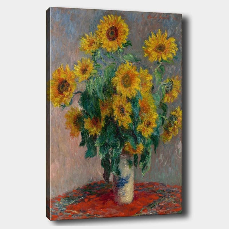 Lerretsbilde 70x100 cm - Bukett med solsikker i vase, Gul / Grønn / Rød