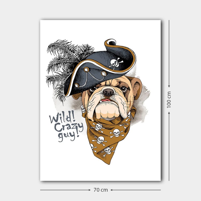 Lerretsbilde 70x100 cm - Bulldog iført pirathatt og bandana med hodeskaller - Beige / Svart / Oransje - Innredning - Bilder & kunst - Lerretsbilder