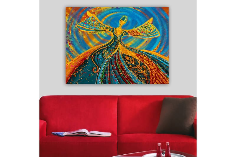 Lerretsbilde 70x100 cm - Dansende figur med utstrakte armer i en fargerik og levende komposisjon - Blå / Oransje / Grønn - Innredning - Bilder & kunst - Lerretsbilder