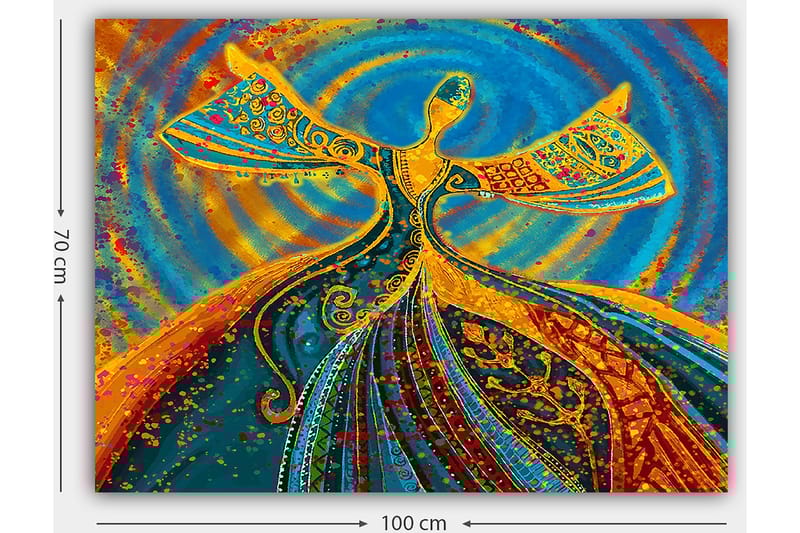 Lerretsbilde 70x100 cm - Dansende figur med utstrakte armer i en fargerik og levende komposisjon - Blå / Oransje / Grønn - Innredning - Bilder & kunst - Lerretsbilder