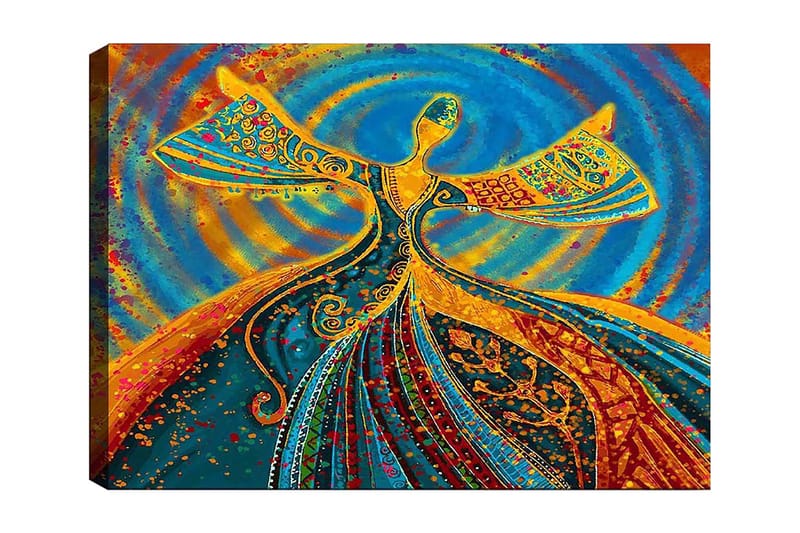 Lerretsbilde 70x100 cm - Dansende figur med utstrakte armer i en fargerik og levende komposisjon - Blå / Oransje / Grønn - Innredning - Bilder & kunst - Lerretsbilder