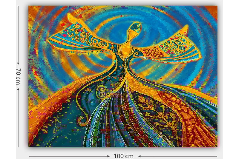 Lerretsbilde 70x100 cm - Dansende figur med utstrakte armer i en fargerik og levende komposisjon - Blå / Oransje / Grønn - Innredning - Bilder & kunst - Lerretsbilder