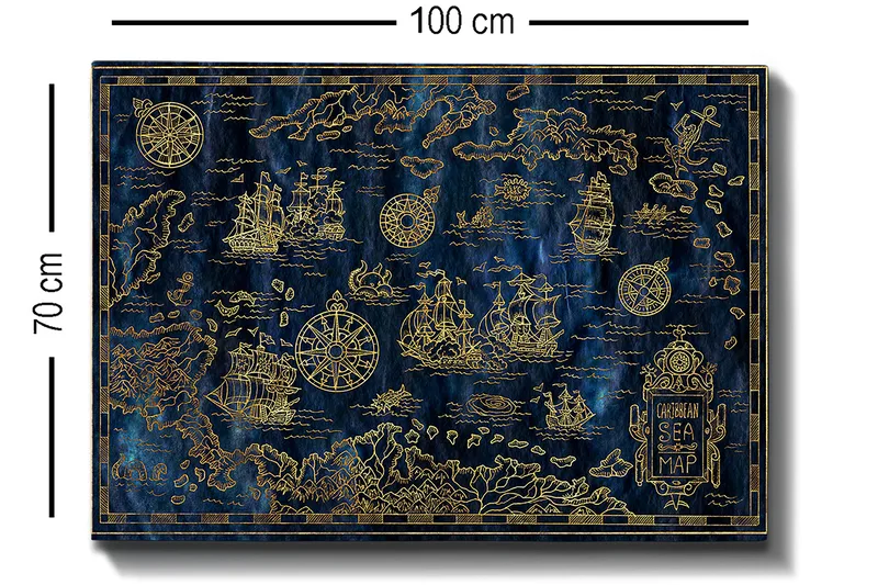Lerretsbilde 70x100 cm - Detaljert kart over Det karibiske hav med seilbåter og kompass i gullmotiver - Mørk blå / Gull - Innredning - Bilder & kunst - Lerretsbilder