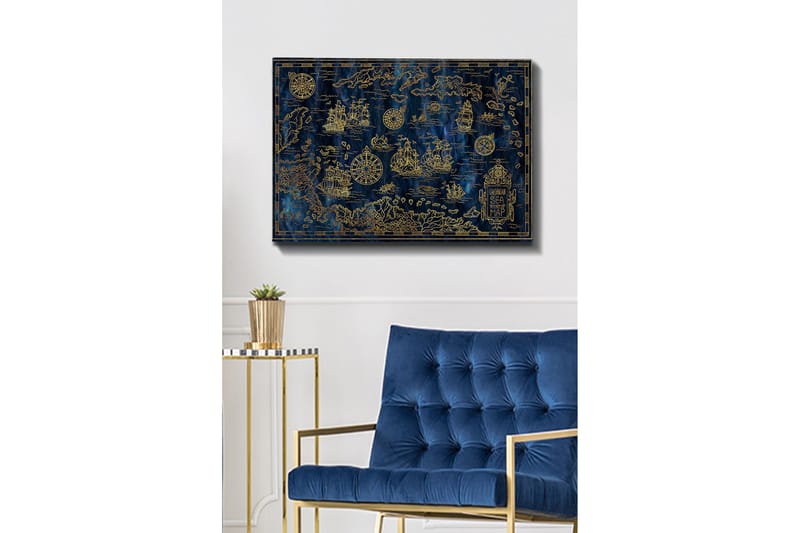 Lerretsbilde 70x100 cm - Detaljert kart over Det karibiske hav med seilbåter og kompass i gullmotiver - Mørk blå / Gull - Innredning - Bilder & kunst - Lerretsbilder