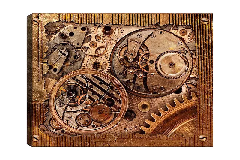 Lerretsbilde 70x100 cm - Detaljert komposisjon av urverk med gir og mekaniske deler - Bronse / Kobber / Gull - Innredning - Bilder & kunst - Lerretsbilder