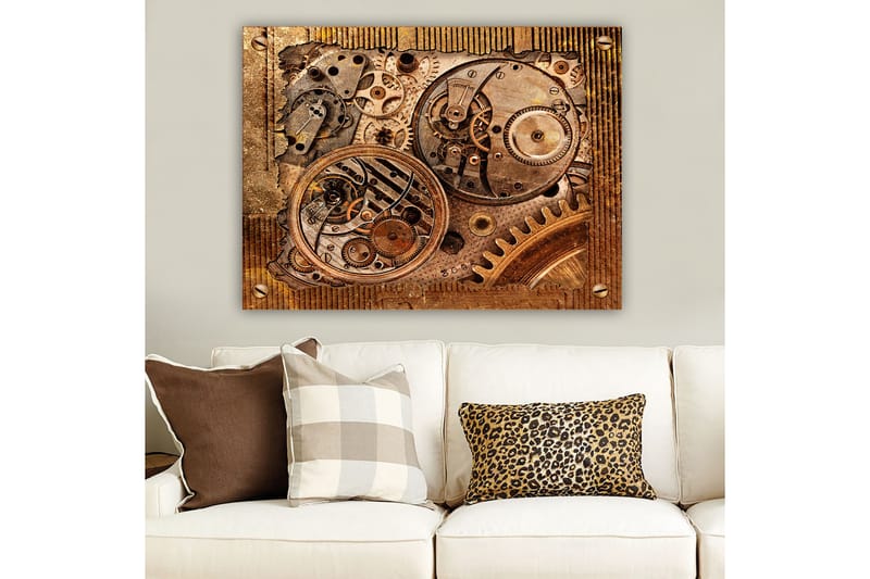 Lerretsbilde 70x100 cm - Detaljert komposisjon av urverk med gir og mekaniske deler - Bronse / Kobber / Gull - Innredning - Bilder & kunst - Lerretsbilder