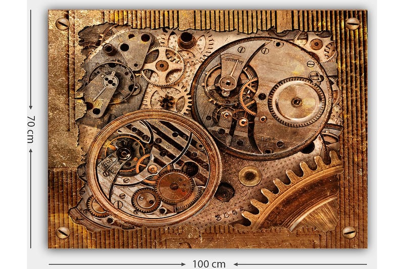 Lerretsbilde 70x100 cm - Detaljert komposisjon av urverk med gir og mekaniske deler - Bronse / Kobber / Gull - Innredning - Bilder & kunst - Lerretsbilder