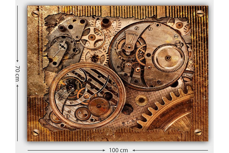 Lerretsbilde 70x100 cm - Detaljert komposisjon av urverk med gir og mekaniske deler - Bronse / Kobber / Gull - Innredning - Bilder & kunst - Lerretsbilder