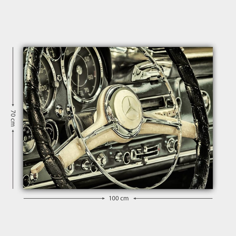 Lerretsbilde 70x100 cm - Detaljert nærbilde av rattet og dashbordet i en klassisk bil - Sølv / Svart / Beige - Innredning - Bilder & kunst - Lerretsbilder