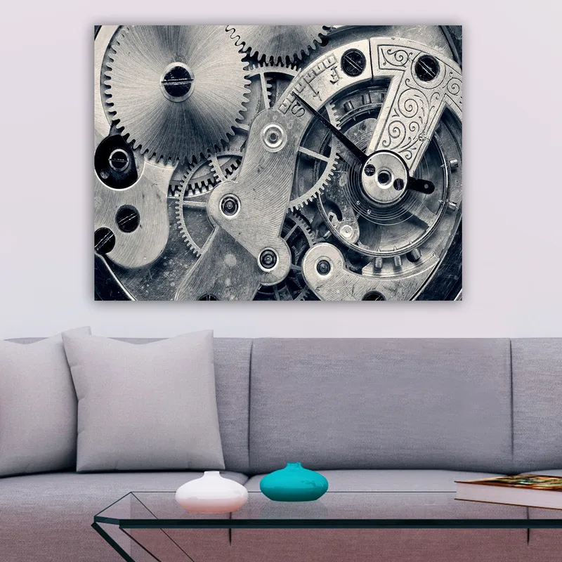 Lerretsbilde 70x100 cm - Detaljert nærbilde av urverkets gir og mekanikk - Sølv / Grå - Innredning - Bilder & kunst - Lerretsbilder