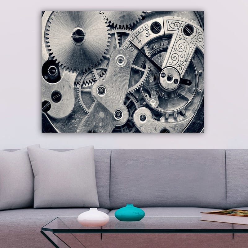 Lerretsbilde 70x100 cm - Detaljert nærbilde av urverkets gir og mekanikk - Sølv / Grå - Innredning - Bilder & kunst - Lerretsbilder