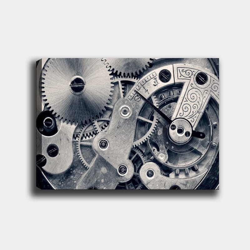 Lerretsbilde 70x100 cm - Detaljert nærbilde av urverkets gir og mekanikk, Sølv / Grå