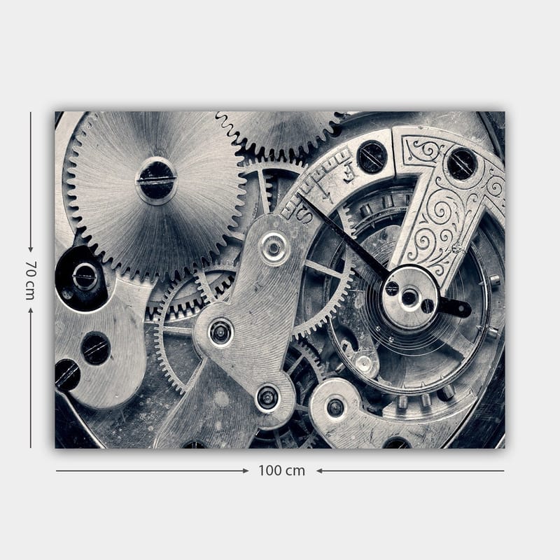 Lerretsbilde 70x100 cm - Detaljert nærbilde av urverkets gir og mekanikk - Sølv / Grå - Innredning - Bilder & kunst - Lerretsbilder