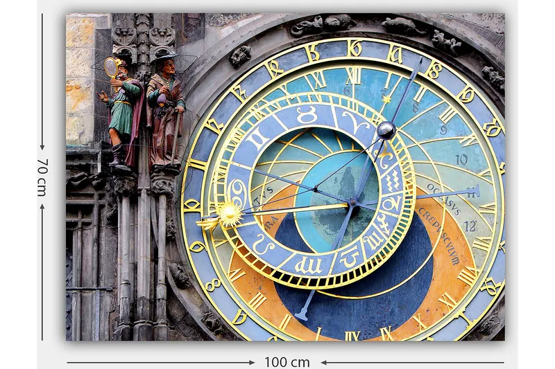 Lerretsbilde 70x100 cm - Detaljert og fargerik astronomisk klokke med gylne og blå detaljer - Gull / Blå / Oransje - Innredning - Bilder & kunst - Lerretsbilder