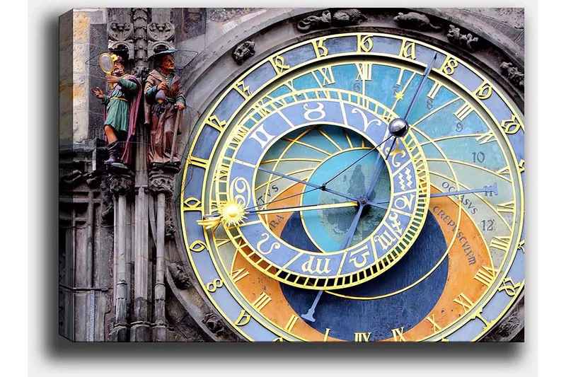 Lerretsbilde 70x100 cm - Detaljert og fargerik astronomisk klokke med gylne og blå detaljer - Gull / Blå / Oransje - Innredning - Bilder & kunst - Lerretsbilder
