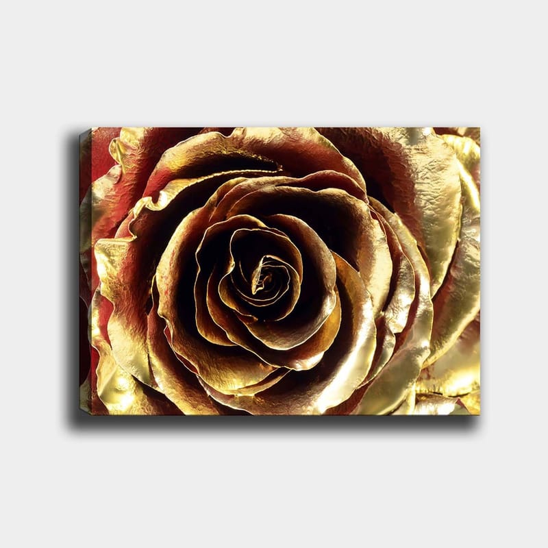 Lerretsbilde 70x100 cm - Detaljert og glitrende rose i gulltoner - Gull / Rød / Brun - Innredning - Bilder & kunst - Lerretsbilder