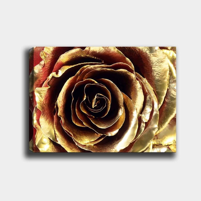 Lerretsbilde 70x100 cm - Detaljert og glitrende rose i gulltoner - Gull / Rød / Brun - Innredning - Bilder & kunst - Lerretsbilder