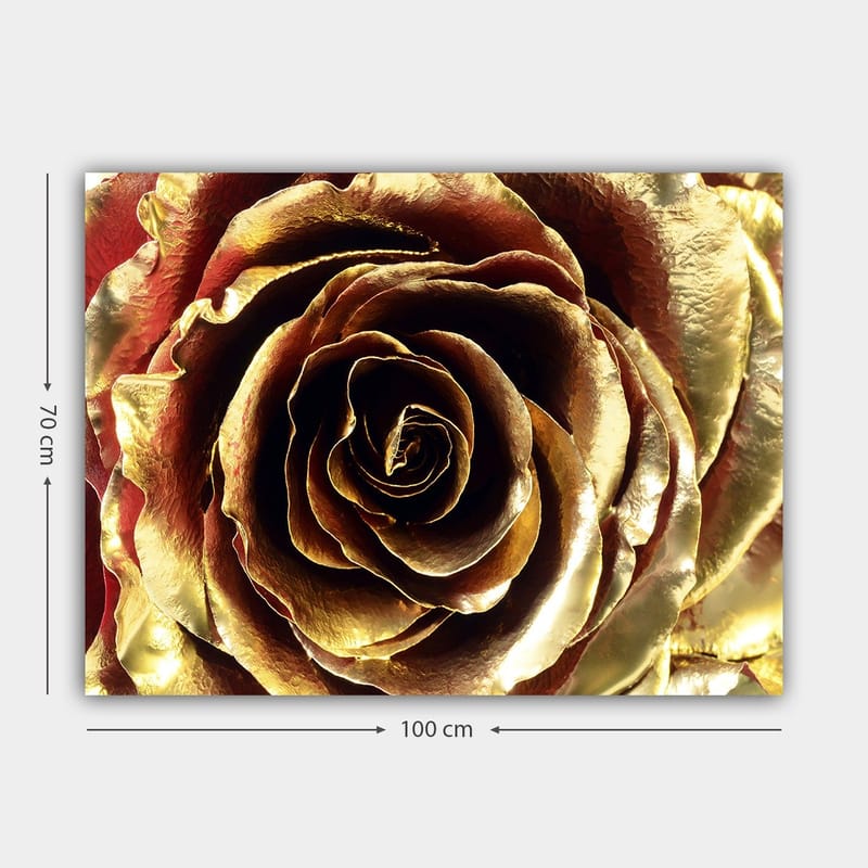 Lerretsbilde 70x100 cm - Detaljert og glitrende rose i gulltoner - Gull / Rød / Brun - Innredning - Bilder & kunst - Lerretsbilder