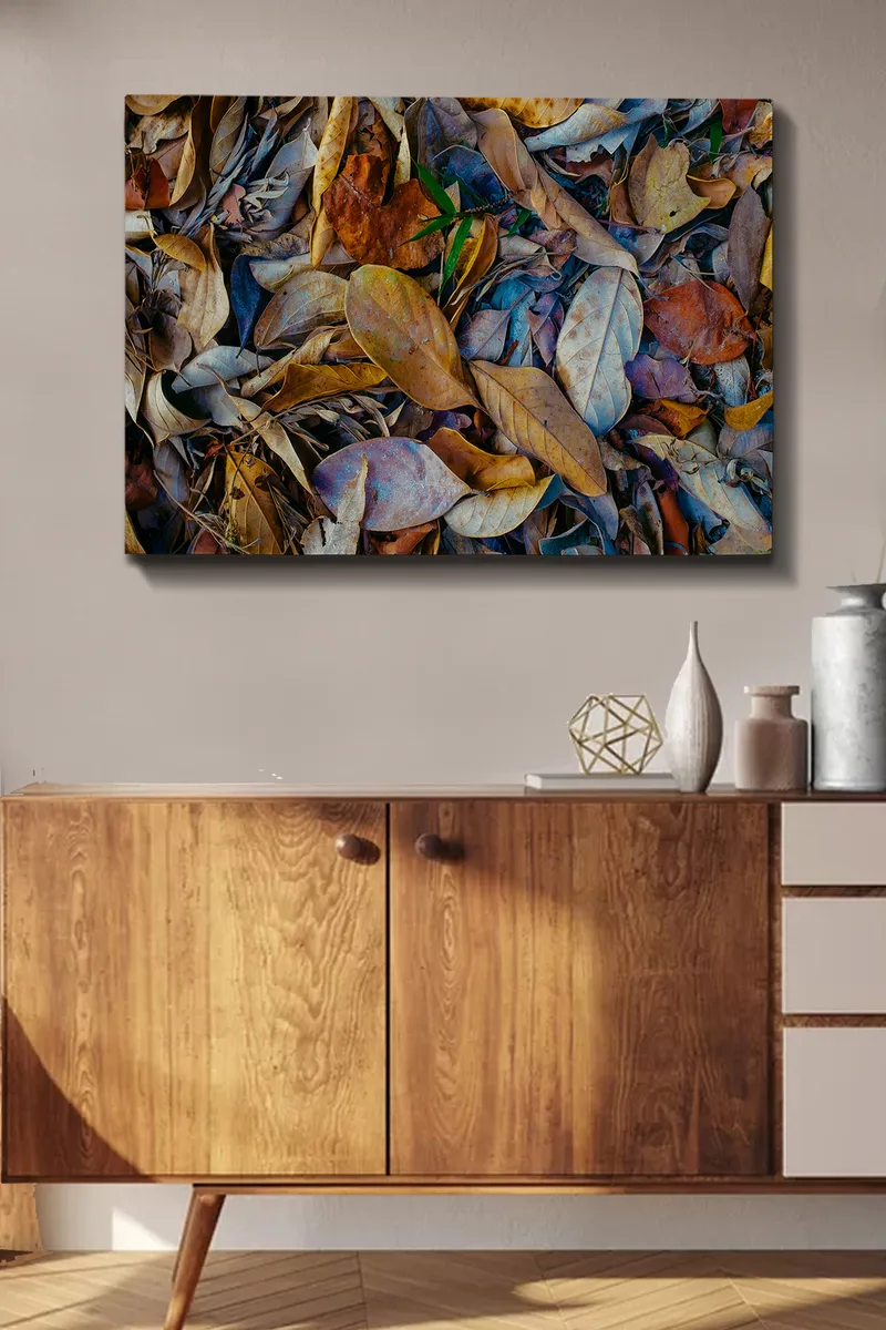 Lerretsbilde 70x100 cm - Detaljert samling av tørkede blader i forskjellige nyanser som skaper en naturlig tekstur - Brun / Beige / Grønn - Innredning - Bilder & kunst - Lerretsbilder