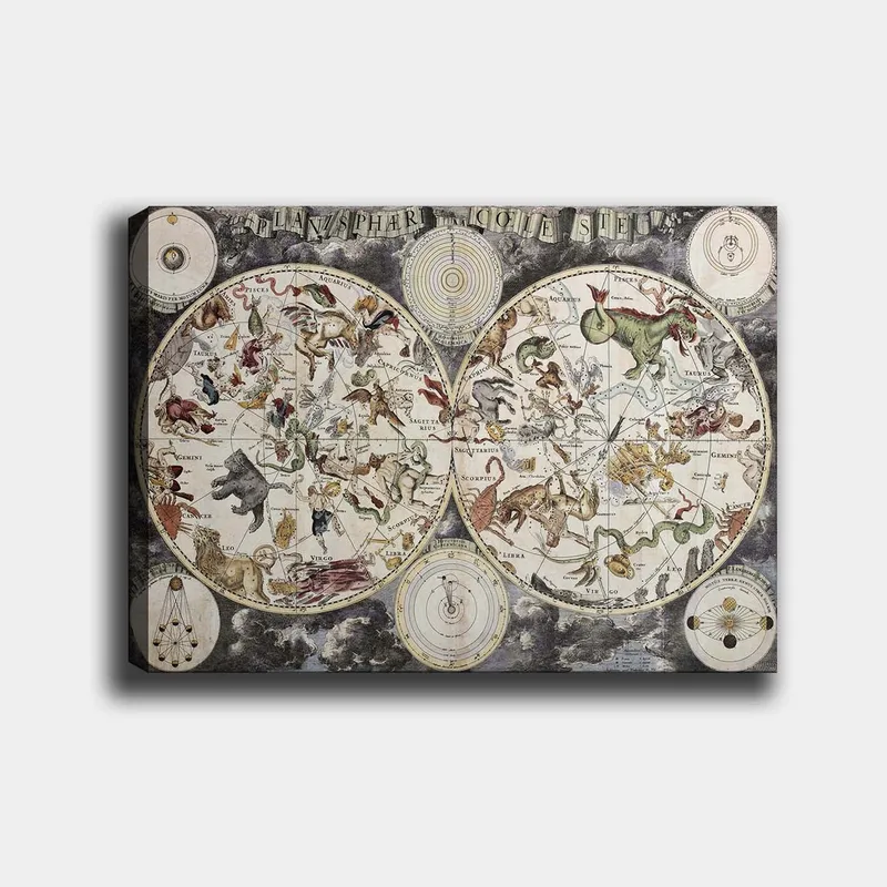 Lerretsbilde 70x100 cm - Detaljert stjernekart med diverse mytologiske dyr og figurer som representerer konstellasjoner, Grønn / Rød / Beige