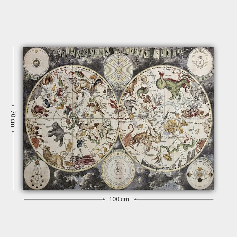 Lerretsbilde 70x100 cm - Detaljert stjernekart med diverse mytologiske dyr og figurer som representerer konstellasjoner - Grønn / Rød / Beige - Innredning - Bilder & kunst - Lerretsbilder