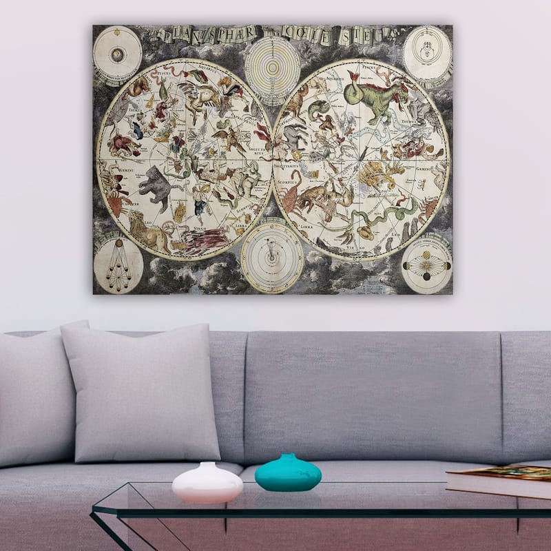 Lerretsbilde 70x100 cm - Detaljert stjernekart med diverse mytologiske dyr og figurer som representerer konstellasjoner - Grønn / Rød / Beige - Innredning - Bilder & kunst - Lerretsbilder